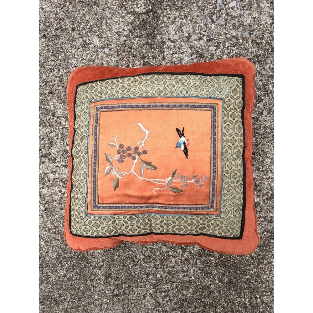 Vintage Hand Embroidered Chinese Silk Pillow Case Birds Flowers Colorful Art